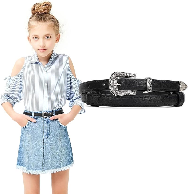 LEACOOLKEY Girls Leather Skinny Belt with Western Buckle for Dress Kids Adjustable Thin Waist Belt for Jeans - Image 1
